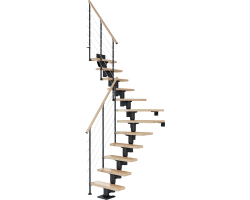 Escalier à limon central Pertura Spiros anthracite 65 cm garde-corps à barres horizontales hêtre bois lamellé-collé vernis 11 marches 12 pas de marche