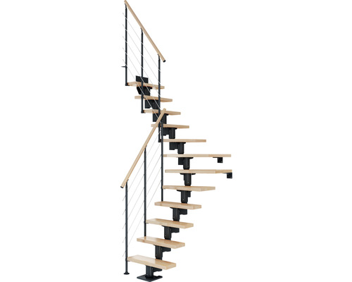 Escalier à limon central Pertura Spiros anthracite 65 cm garde-corps à barres horizontales hêtre bois lamellé-collé vernis 12 marches 13 pas de marche