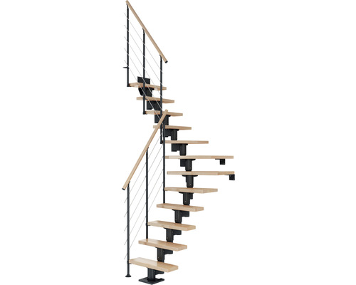 Escalier à limon central Pertura Spiros anthracite 65 cm garde-corps à barres horizontales hêtre bois lamellé-collé vernis 14 marches 15 pas de marche