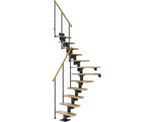 Escalier à limon central Pertura Spiros anthracite 65 cm garde-corps à barres horizontales chêne vernis 11 marches 12 pas de marche