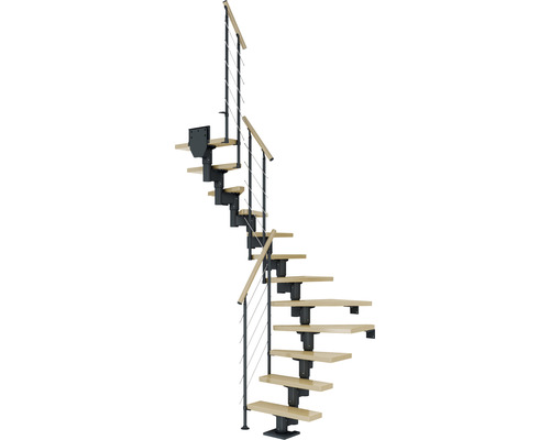 Escalier à limon central Pertura Spiros anthracite 65 cm garde-corps à barres horizontales érable bois lamellé-collé vernis 11 marches 12 pas de marche