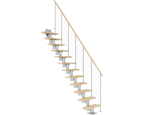 Escalier à limon central Pertura Spiros gris perle 75 cm garde-corps à barres horizontales hêtre bois lamellé-collé vernis 11 marches 12 pas de marche