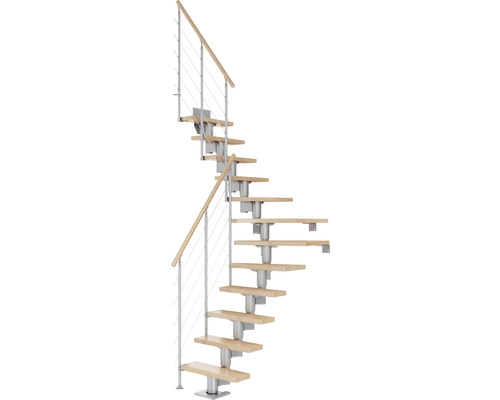 Escalier à limon central Pertura Spiros gris perle 75 cm garde-corps à barres horizontales hêtre bois lamellé-collé vernis 11 marches 12 pas de marche