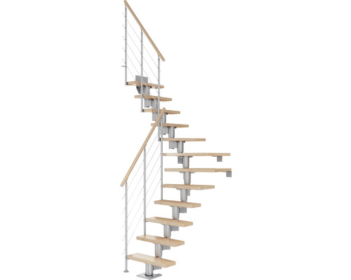 Escalier à limon central Pertura Spiros gris perle 75 cm garde-corps à barres horizontales hêtre bois lamellé-collé vernis 13 marches 14 pas de marche