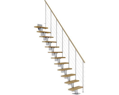 Escalier à limon central Pertura Spiros gris perle 75 cm garde-corps à barres horizontales chêne vernis 11 marches 12 pas de marche
