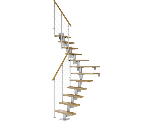 Escalier à limon central Pertura Spiros gris perle 75 cm garde-corps à barres horizontales chêne vernis 12 marches 13 pas de marche Escalier gain de place avec marches en bois et garde-corps en métal
