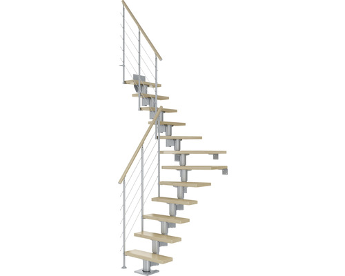 Escalier à limon central Pertura Spiros gris perle 75 cm garde-corps à barres horizontales érable bois lamellé-collé vernis 13 marches 14 pas de marche