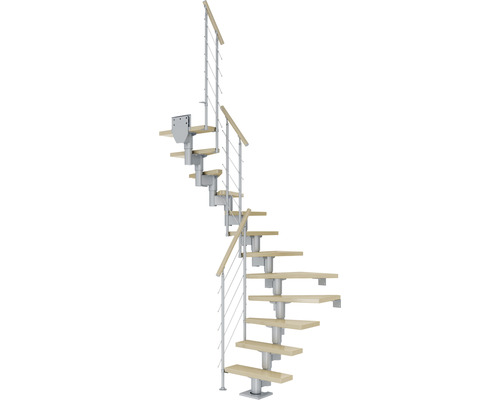 Escalier à limon central Pertura Spiros gris perle 75 cm garde-corps à barres horizontales érable bois lamellé-collé vernis 12 marches 13 pas de marche