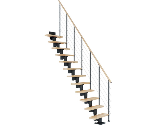 Escalier à limon central Pertura Spiros anthracite 75 cm garde-corps à barres horizontales bois de hêtre lamellé-collé verni(e) 12 marches/13 pas de marche