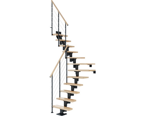 Escalier à limon central Pertura Spiros anthracite 75 cm garde-corps à barres horizontales hêtre bois lamellé-collé vernis 14 marches 15 pas de marche