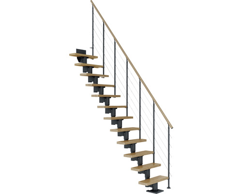 Escalier à limon central Pertura Spiros anthracite 75 cm garde-corps à barres horizontales chêne vernis 11 marches 12 pas de marche
