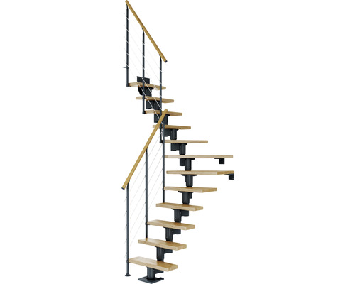 Escalier à limon central Pertura Spiros anthracite 75 cm garde-corps à barres horizontales chêne vernis 11 marches 12 pas de marche