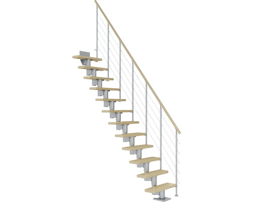 Escalier à limon central Pertura Spiros gris perle 75 cm garde-corps à barres horizontales erable lamellé-collé verni(e) 11 marches/12 pas de marche