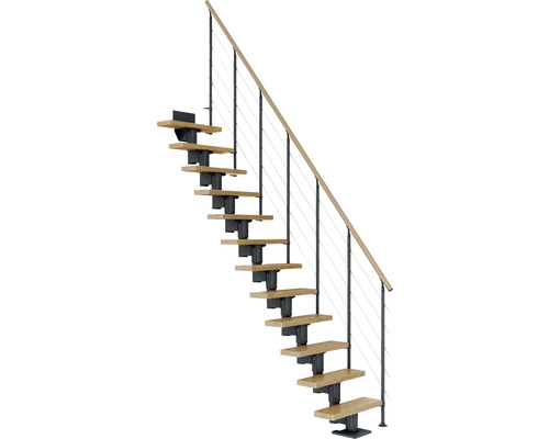 Escalier à limon central Pertura Spiros anthracite 75 cm garde-corps à barres horizontales chêne vernis 14 marches 15 pas de marche