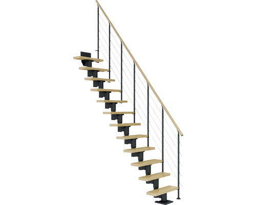 Escalier à limon central Pertura Spiros anthracite 65 cm garde-corps à barres horizontales érable bois lamellé-collé vernis 11 marches 12 pas de marche