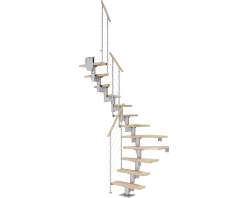 Escalier à limon central Pertura Spiros gris perle 65 cm garde-corps à barres horizontales hêtre bois lamellé-collé vernis 11 marches 12 pas de marche