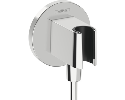 Raccordement mural avec support de douchette hansgrohe FixFit S chrome 26888000 Logo Hansgrohe sur support de douchette chromé
