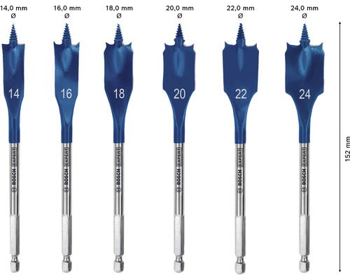 Sechs Holzbohrer mit Spatenbohrerkopf und verschiedenen Durchmessern von 14 Millimeter bis 24 Millimeter.