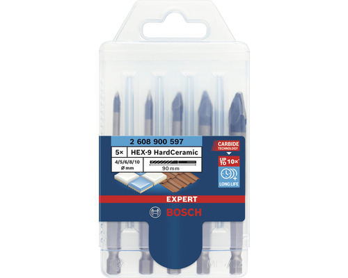 Jeu de forets pour carrelage Bosch Expert HardCeramic HEX-9 Ø 4-10mm x 90mm, 5 pces Jeu de forets Bosch Expert HEX-9 HardCeramic, cinq pièces, pour carrelage