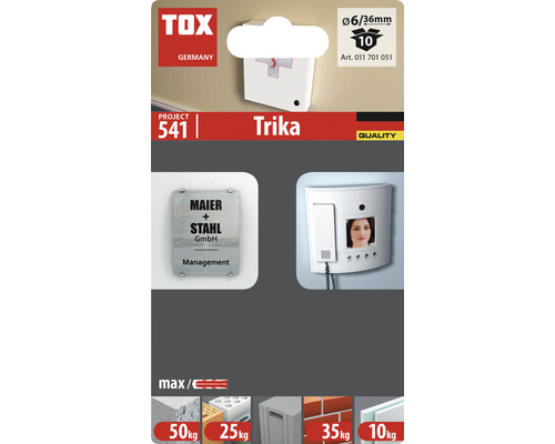 Produit de fixation TOX Trika pour divers matériaux avec indication de la charge maximale