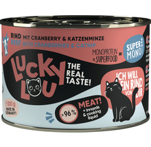Boîte de nourriture pour chat Lucky Lou au bœuf, cranberry et herbe à chat, 200 grammes