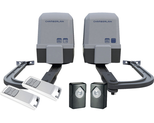 Deux entraînements de porte de garage Chamberlain avec deux émetteurs manuels et barrières lumineuses