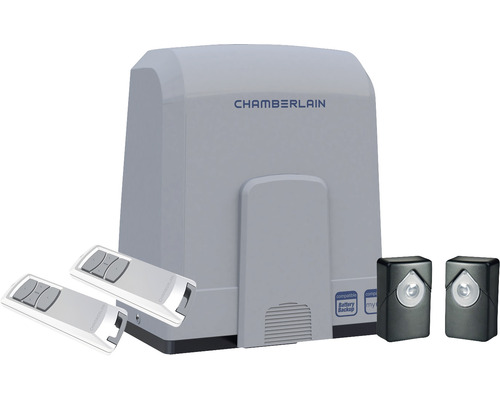 Motorisation de portail Chamberlain avec deux émetteurs manuels et barrières lumineuses