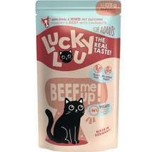 Aliment pour chat Lucky Lou volaille et boeuf à la courgette pour adultes en emballage de 125 grammes