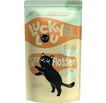 Aliment pour chat Lucky Lou à la volaille, truite et poire pour chats adultes, 125 grammes