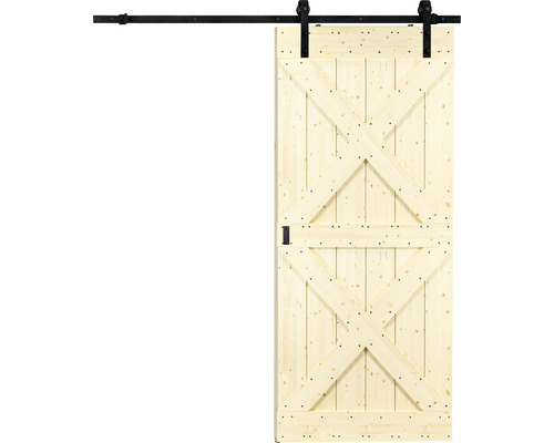 Porte coulissante en bois avec motif en forme de X et rail noir