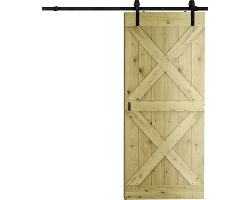 Porte coulissante en bois avec rail noir, style porte de grange