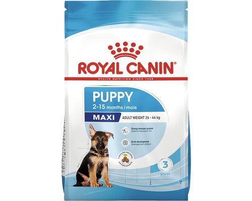 Logo Royal Canin. Nourriture sèche pour chiots de grandes races avec un poids adulte de 26 à 44 kilogrammes