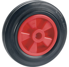 Rad mit roter Felge und schwarzer Gummibereifung