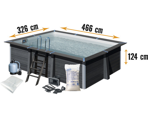 Ensemble de piscine hors sol en bois composite Gre rectangulaire 466x326x124 cm avec groupe de filtration à sable, skimmer, échelle, sable de filtration et intissé de protection du sol gris