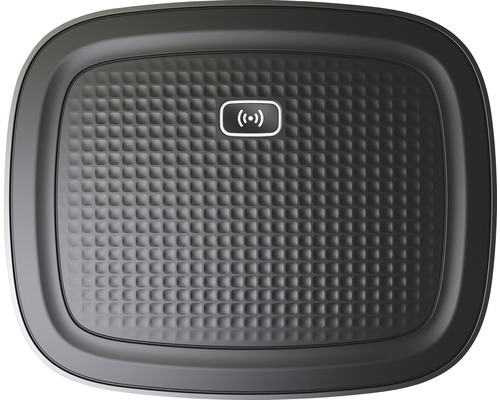 Draufsicht einer schwarzen, rechteckigen Waage mit Verbindungssymbol