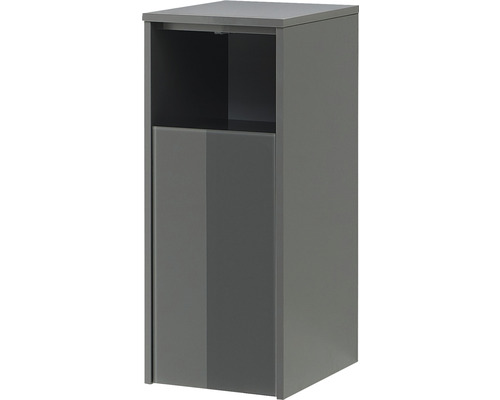 Meuble de salle de bains gris avec une porte et un compartiment ouvert.