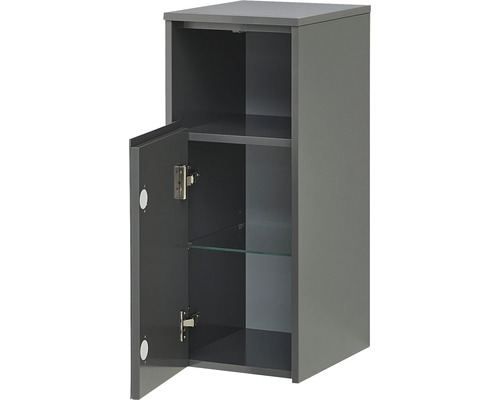 Armoire suspendue grise avec porte ouverte et étagères intérieures