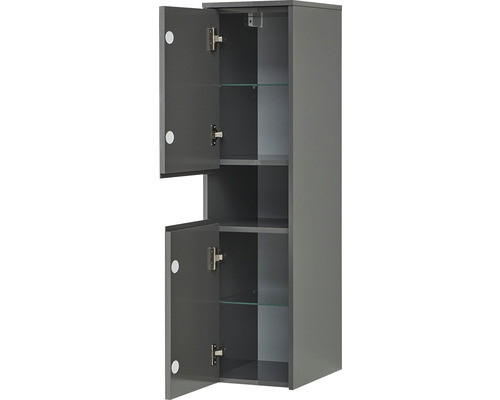 Grauer Bad-Hängeschrank mit zwei offenen Türen und Glasböden