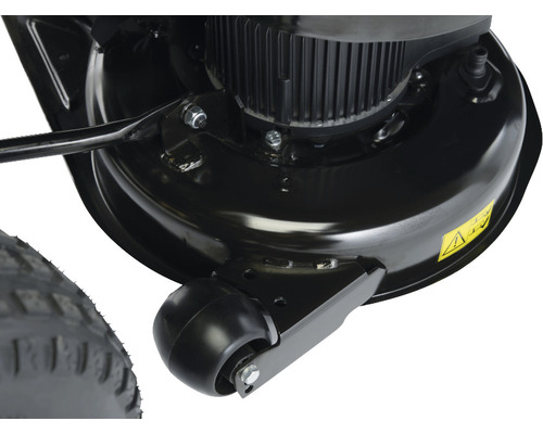 Vue détaillée d''une tondeuse à gazon avec moteur, boîtier et roue