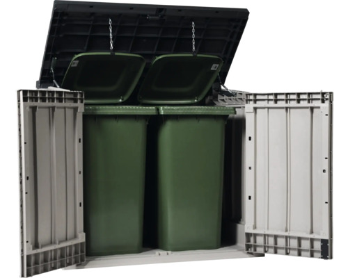 Mülltonnenbox mit zwei grünen Mülltonnen