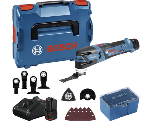 Outil multifonctions sur batterie Bosch Professional GOP 12V-28, y compris 2 x batteries (3.0Ah) et chargeur Ensemble d''outils multifonctions Bosch avec accessoires et coffret de rangement