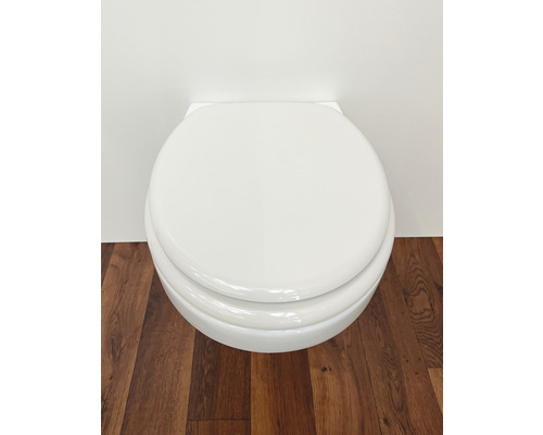 WC suspendu avec couvercle de toilette sur plancher en bois