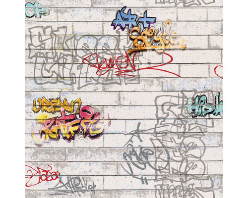Papiertapete 93561-1 Boys & Girls Graffiti grau Tapete mit Graffiti-Motiv auf Steinmaueroptik