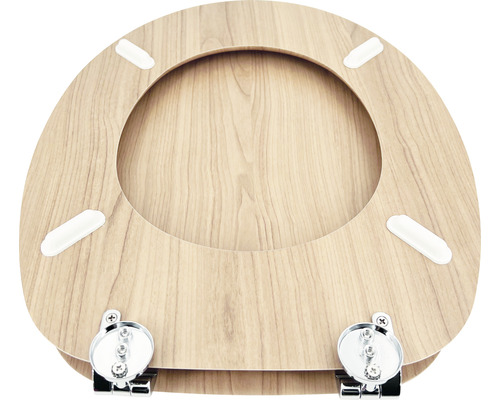 Toilettensitz aus Holz mit Chromscharnieren