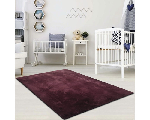 Une chambre d''enfant avec un tapis bordeaux, des lits de bébé et des étagères.