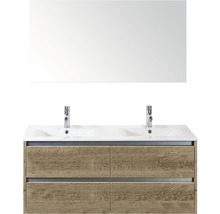 Badmöbel-Set Sanox Dante BxHxT 121 x 170 x 46 cm Frontfarbe eiche mit Waschtisch Keramik weiß und Keramik-Doppelwaschtisch Waschtischunterschrank Spiegel