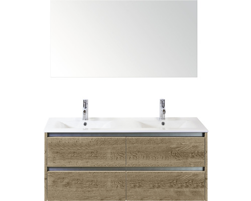 Badmöbel-Set Sanox Dante BxHxT 121 x 170 x 46 cm Frontfarbe eiche mit Waschtisch Keramik weiß und Keramik-Doppelwaschtisch Waschtischunterschrank Spiegel