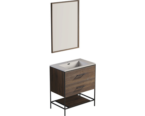 Set de meubles de salle de bains Differnz Industrial lxhxp 81 x 85 x 90 cm couleur de façade noyer set de meubles de salle de bains 3 pièces avec vasque en fonte minérale blanc et meuble sous vasque vasque miroir