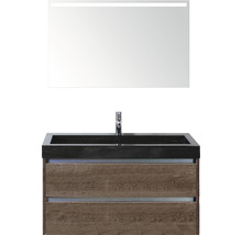 Badmöbel-Set Sanox Dante BxHxT 101 x 170 x 45,5 cm Frontfarbe tabacco mit Waschtisch Naturstein und Naturstein-Doppelwaschtisch Waschtischunterschrank Spiegel mit LED-Beleuchtung