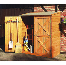 Armoire de jardin en bois avec porte ouverte et fermée pour le rangement des outils de jardin